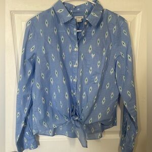 J.Crew long-sleeve button-down tie blue green white ikat pattern Size Medium